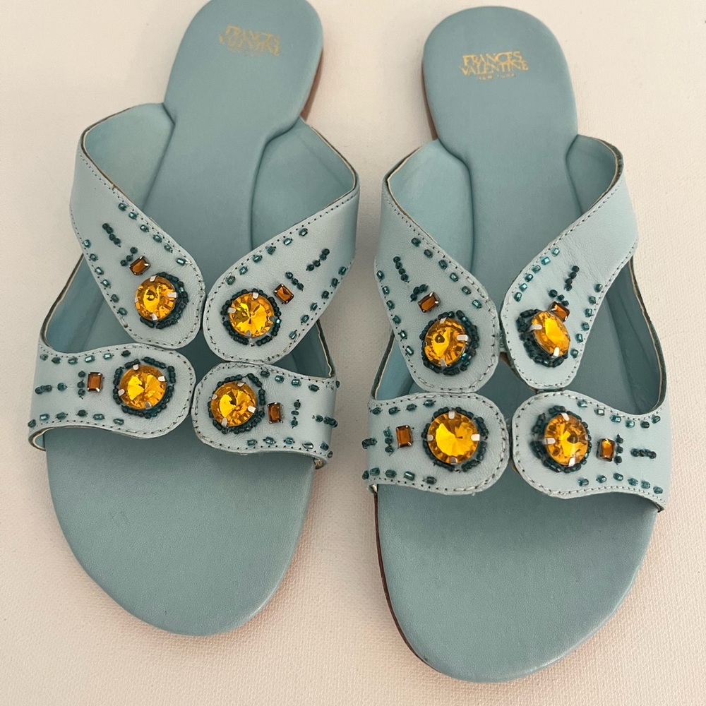 Frances Valentine Mandy Blue Sandals with Yellow Accents